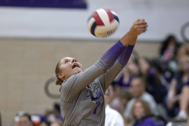 Rochelle’s Meredith Bruns makes a play against Dixon Thursday, August 28, 2025.