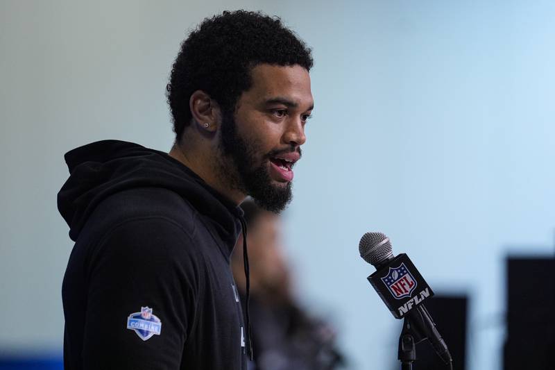 USC quarterback Caleb Williams speaks during a press conference at the NFL combine in Indianapolis, Friday, March 1, 2024.