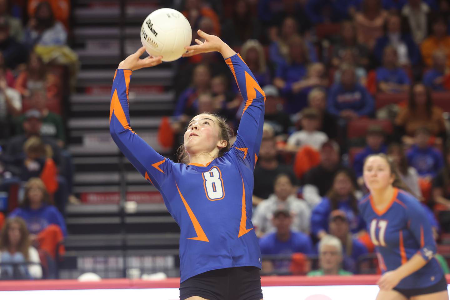 Genoa-Kingston’s Alivia Keegan sets the ball Saturday, No. 12, 2022, during the Class 2A State championship match on the campus of Illinois State University.