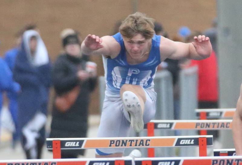 Princeton's Casey Etheridge competes in the 100 meter hurdles during the Class 2A Sectional meet on Wednesday, May 21, 2025 at Pontiac High School.
