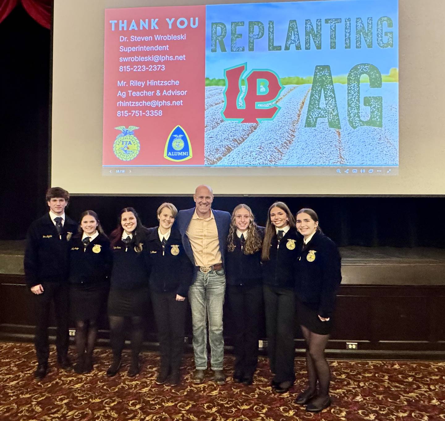 Riley Hintzsche, Head of the L-P Agriculture Department, stands with a few of his students during the Monday, Nov. 17, 2025, "Replanting Agriculture" meeting.
