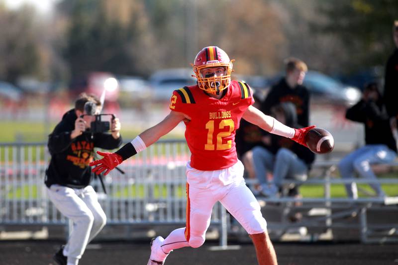 Batavia’s Luke Alwin celebrates his touchdown during the Class 7A second round playoff game against Lincoln-Way Central in Batavia on Saturday, Nov. 4, 2023.
