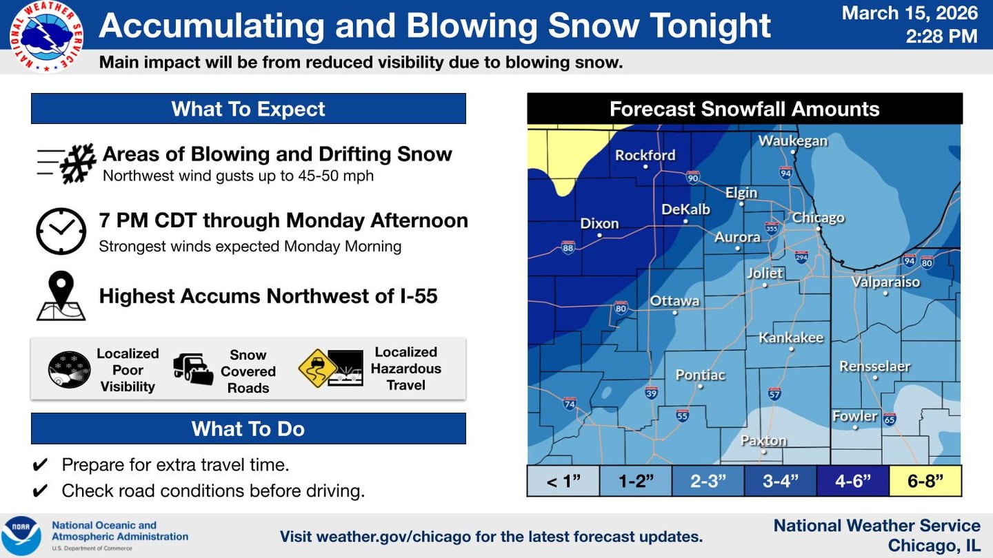 McHenry County could see several inches of snow overnight March 15 and 16, 2026.
