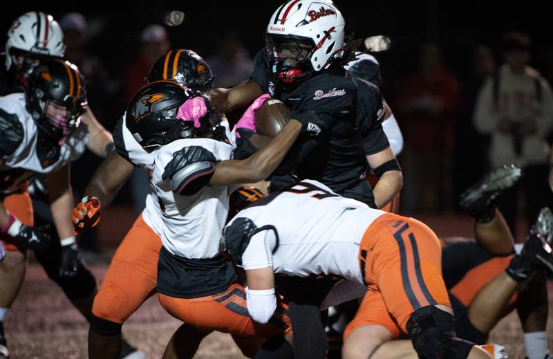 Bradley-Bourbonnais' Kyren Edmon runs the ball on a play in a game against Dekalb on Friday, October 10, 2025.