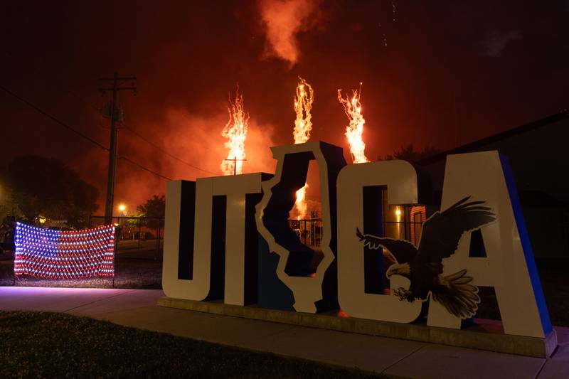 Fireworks display over Utica sign on Saturday, July 5, 2025 on Canal Street in Utica.
