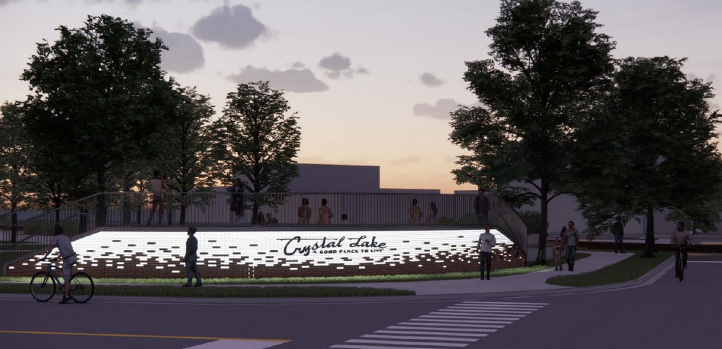 A nighttime rendering of the theater-in-the-round structure at Crystal Lake's Depot Park.