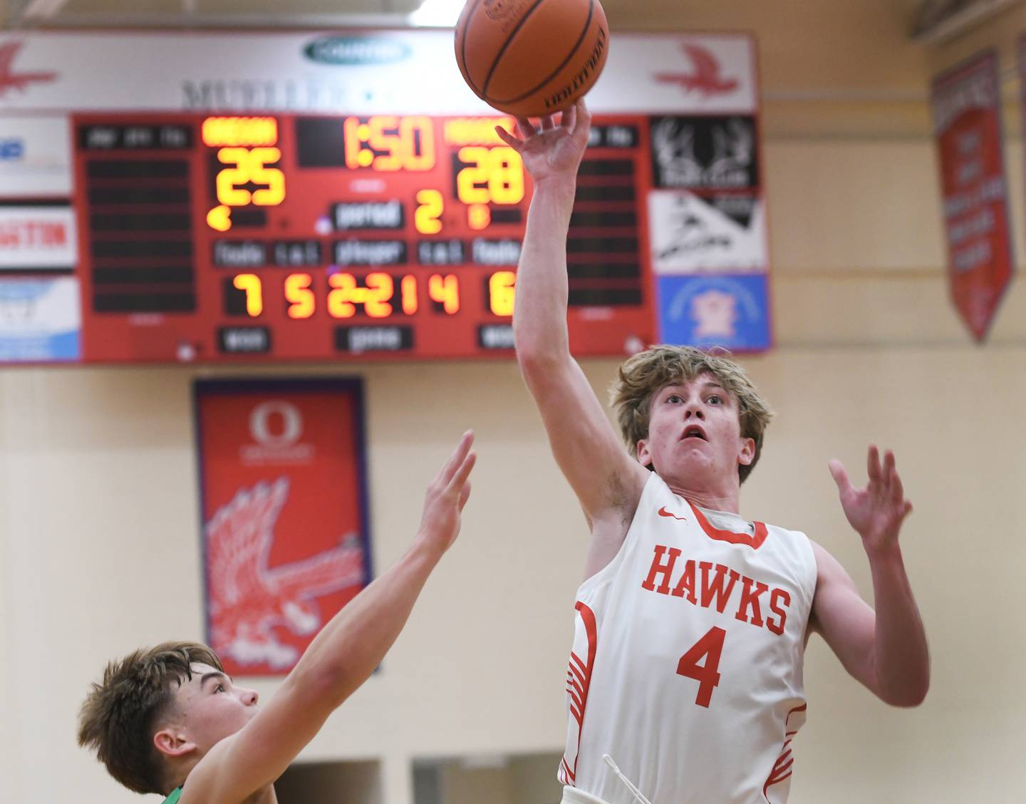 Oregon's Jameson Caposey shoot during Saturday morning action against North Boone at the Oregon Thanksgiving Tournament on Nov. 26.