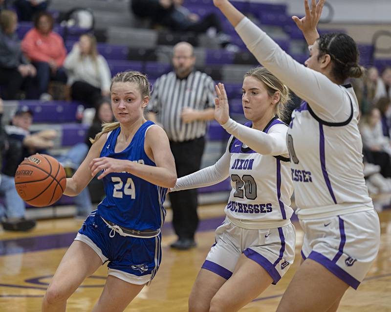 Princeton’s Keighley Davis works against Dixon Thursday, Jan. 4, 2024 at Dixon High School.