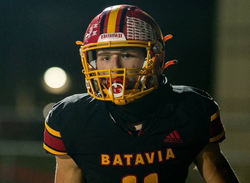 Batavia’s Gerke Drew (11) after scoring his first touchdown of the evening against Geneva during a football game at Batavia High School on Friday, Oct 7, 2022.