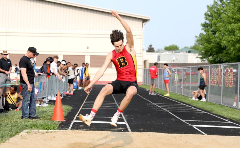 Batavia’s Alec Crum competes in the long jump during the Class 3A Batavia track and field sectional on Thursday, May 18, 2023.