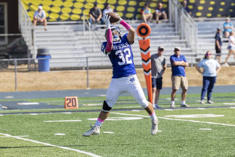 Newman’s Danny Welty makes a catch up the middle against Mercer County Saturday, October 4, 2025.