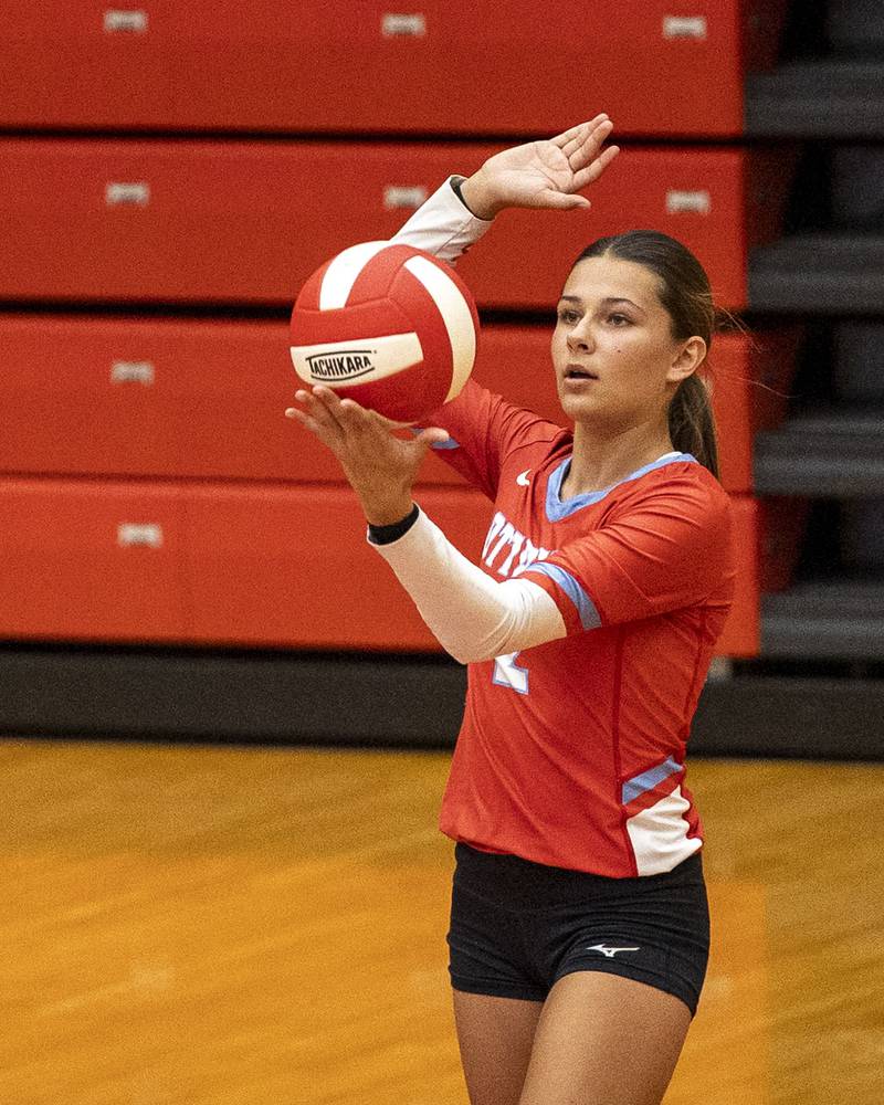 Meredith Waldron (2) of Ottawa serves volleyball on Thursday, Sept. 18, 2025 at Ottawa High School in Ottawa.