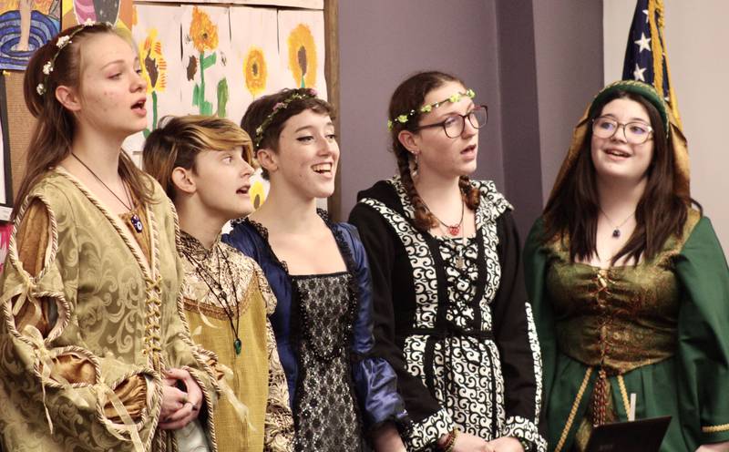 Members of the Dixon High School choral group are, from left, El Maass, Ollie Payne, Olivia Gingras, Ava Pazera and Emily Phillips. During the Wednesday board of education meeting they were among the madrigal cast that sang a portion of "Carol of the Bells," based on a Ukrainian folk melody. The madrigal dinner will be 6:30 p.m. Friday at Dixon High School cafeteria.