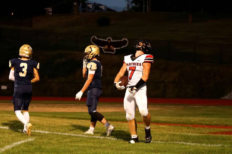 Erie Prophetstown Senior #7 Gaven Adams celebrates his first touchdown  of the game in just under 6 minutes into the contest on Friday at Mercer County High School. Adams would contribute 2 more touchdowns before the end of the night to help the Panthers beat the Eagles 43-15.