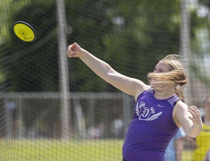 Dixon’s Ella Davidson fires the discus Wednesday, May 14, 2025, during Sectionals at Sterling High School.