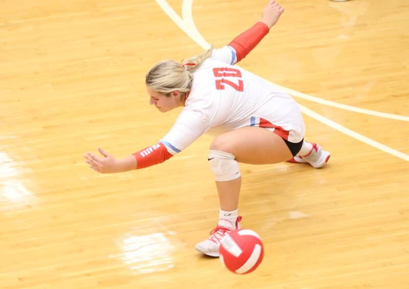 Ottawa's libero Reese Burgwald misses a spike from Sycamore on Thursday, Oct. 12, 2023 at Kingman Gym.