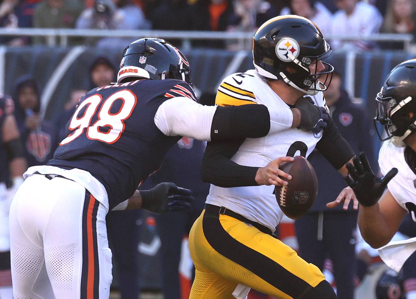 Chicago Bears defensive end Montez Sweat sacks Pittsburgh Steelers quarterback Mason Rudolph causing a fumble Sunday, Nov. 23, 2025, during their game at Soldier Field in Chicago.
