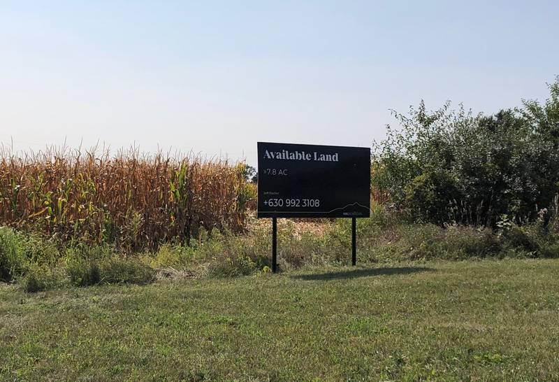 An available land sign sits at the intersection of Quality Drive and Jim Dhamer Drive in Huntley Sept. 10, 2024.