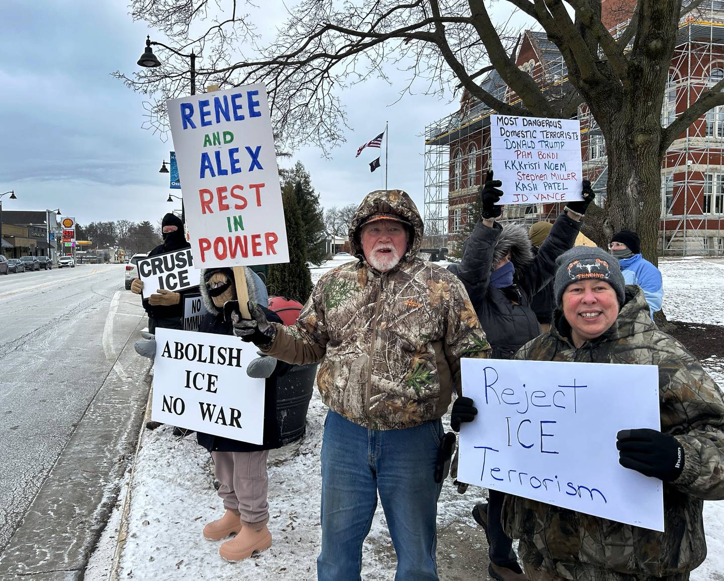 Approximately 120 people attended Indivisible of Ogle County's protest on Sunday, Jan. 25, 2026, in downtown Oregon carrying signs criticizing the Trump administration's deployment of ICE officers in several states and the Saturday shooting death of Alex Pretti by ICE agents in Minneapolis.