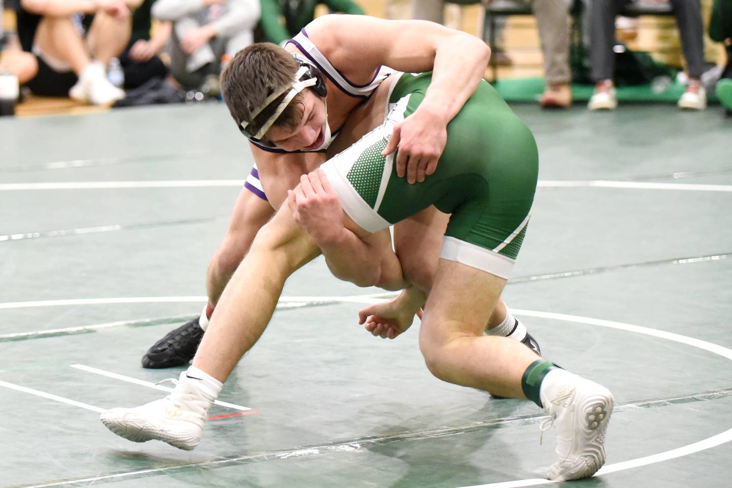 Wilmington's Logan Van Duyne, left, grapples with Coal City's Evan Greggain during the Illinois Central Eight Conference 190-pound championship match at Coal City Saturday, Jan. 24, 2026.