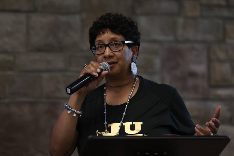 Toni Greathouse, founder and Juneteenth organizer, makes shares at the Juneteenth event hosted by the Joliet Area Historical Museum on Monday, June 19, 2023 in Joliet.