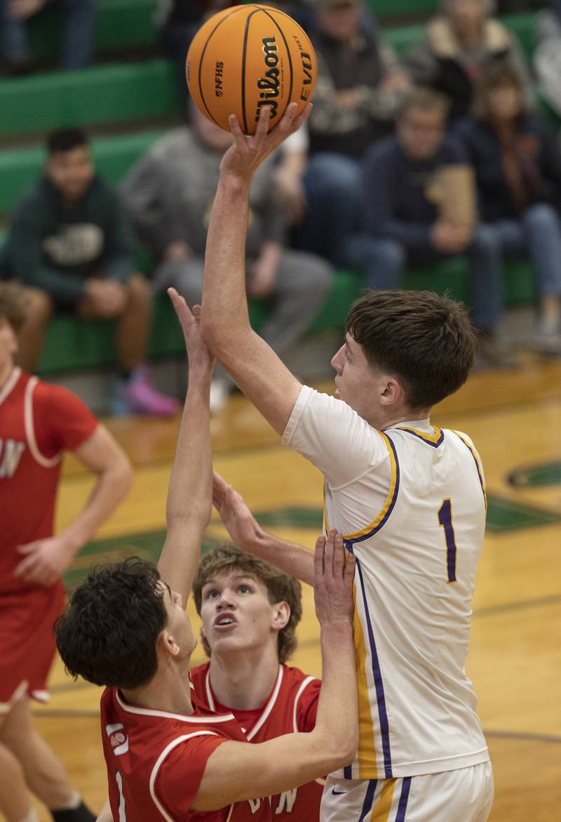 Mendota’s Cole Tillman puts up a shot over Oregon Friday, Feb. 27, 2026, at the Class 2A Rock Falls boys basketball regional.