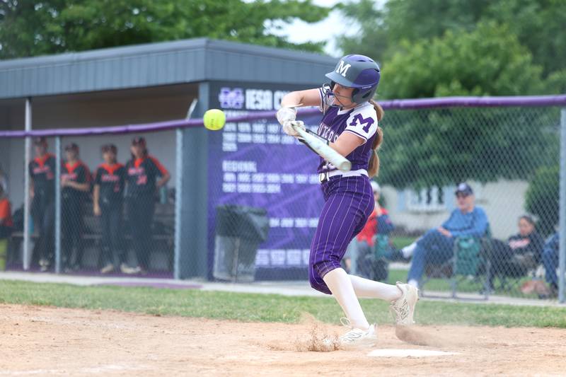 Manteno's Alyssa Singleton connects for a hit during Beecher's 14-6 victory over Manteno in the Class 2A Manteno Regional championship on Friday, May 22, 2026.