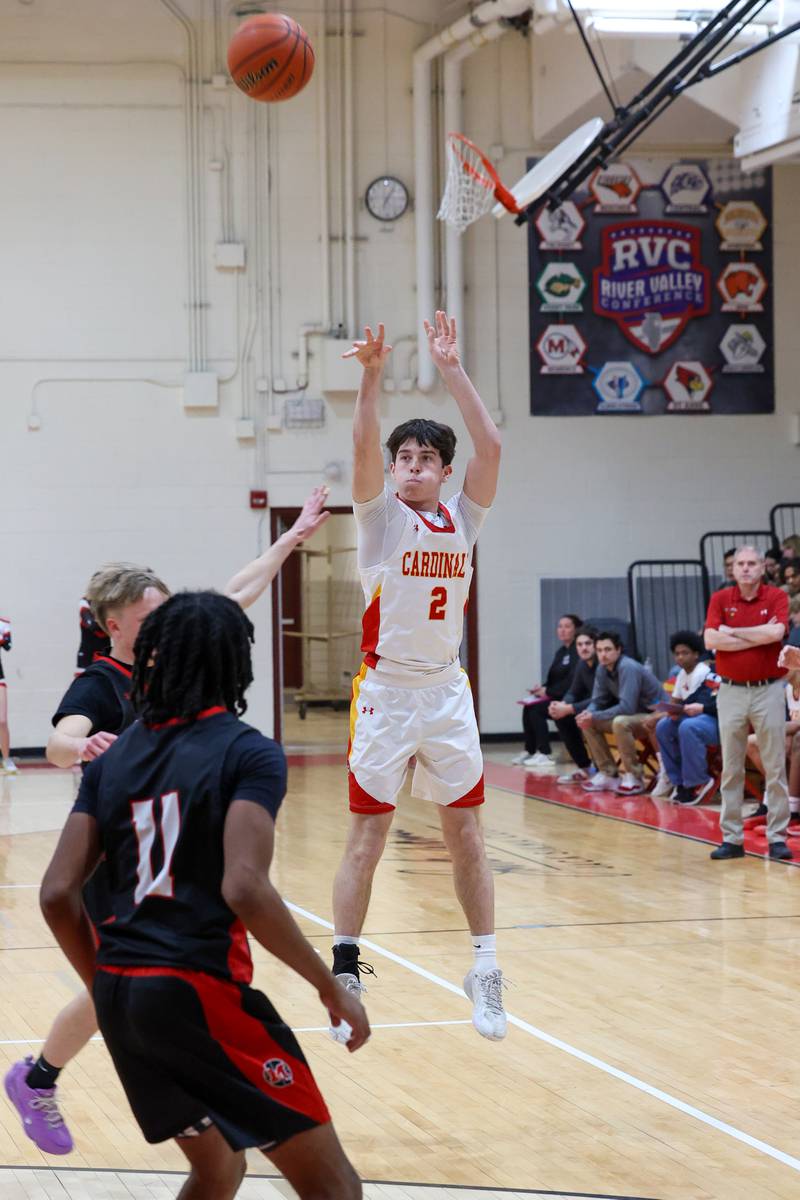 St. Anne's Matthew Langellier shoots a 3-pointer during St. Anne's 64-43 victory over Momence in the River Valley Conference semifinals on Tuesday, Feb. 10, 2026.