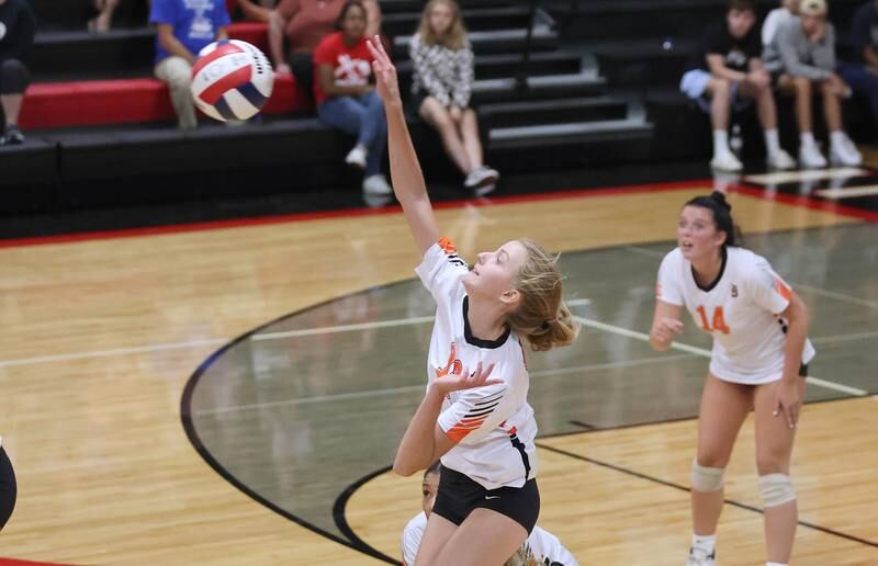 DeKalb's Megan Gates spikes the ball during their match against Indian Creek Tuesday, Sept. 6, 2022, at Indian Creek High School in Shabbona.