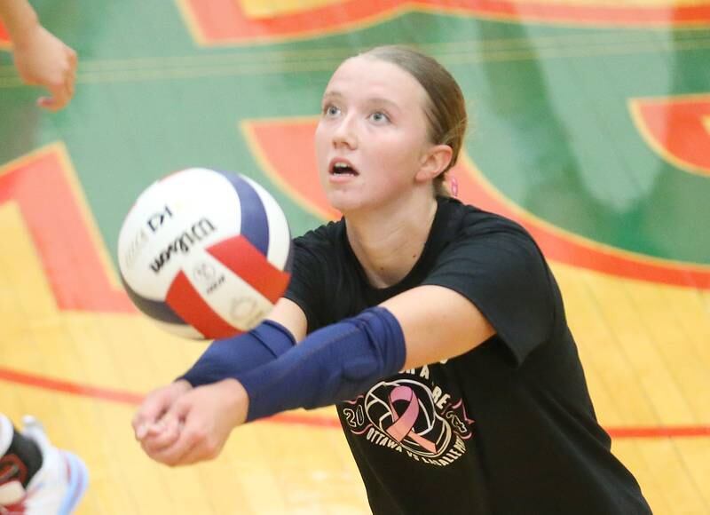 Ottawa's Skylar Dorsey returns a spike from L-P during Volley for a Cure night on Tuesday, Oct. 1, 2024 at AJ Sellett Gymnasium.