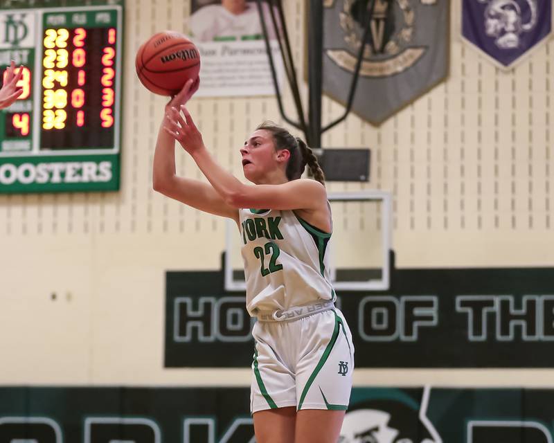 York's Stella Kohl (22) shoots a jump shot during basketball game between Hinsdale Central at York. Dec 8, 2023.