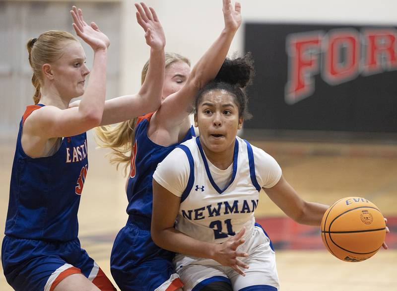 Newman’s Gisselle Martin drives to the hoop against Eastland Tuesday, Feb. 18, 2025, during the Class 1A girls basketball regional at Forreston.