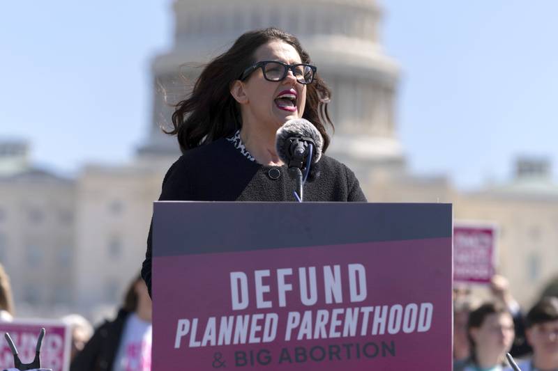 Kristan Hawkins, president of Students for Life of America, speaks during an anti-abortion rally on Capitol Hill in Washington, Thursday, March 27, 2025. (AP Photo/Jose Luis Magana)
