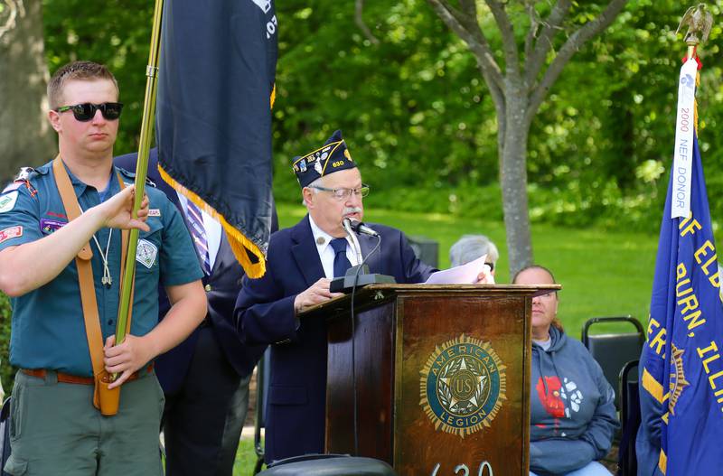 Post Commander Norm Welker speaks at the Elburn American Legion Annual Memorial Day Observance at the Blackberry Township Cemetery on Monday, May 26, 2025.
