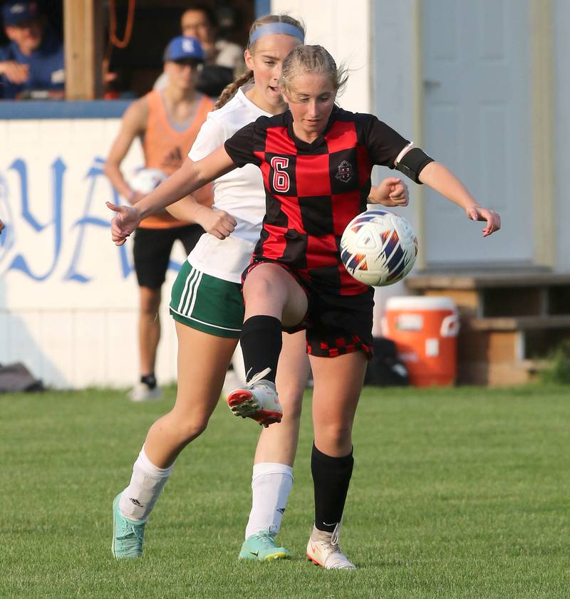 Indian Creek's Jolee Larson controls the ball in front of Alleman's Carson Wendt during their Class 1A sectional final game Friday, May 19, 2023, at Hinckley-Big Rock High School.