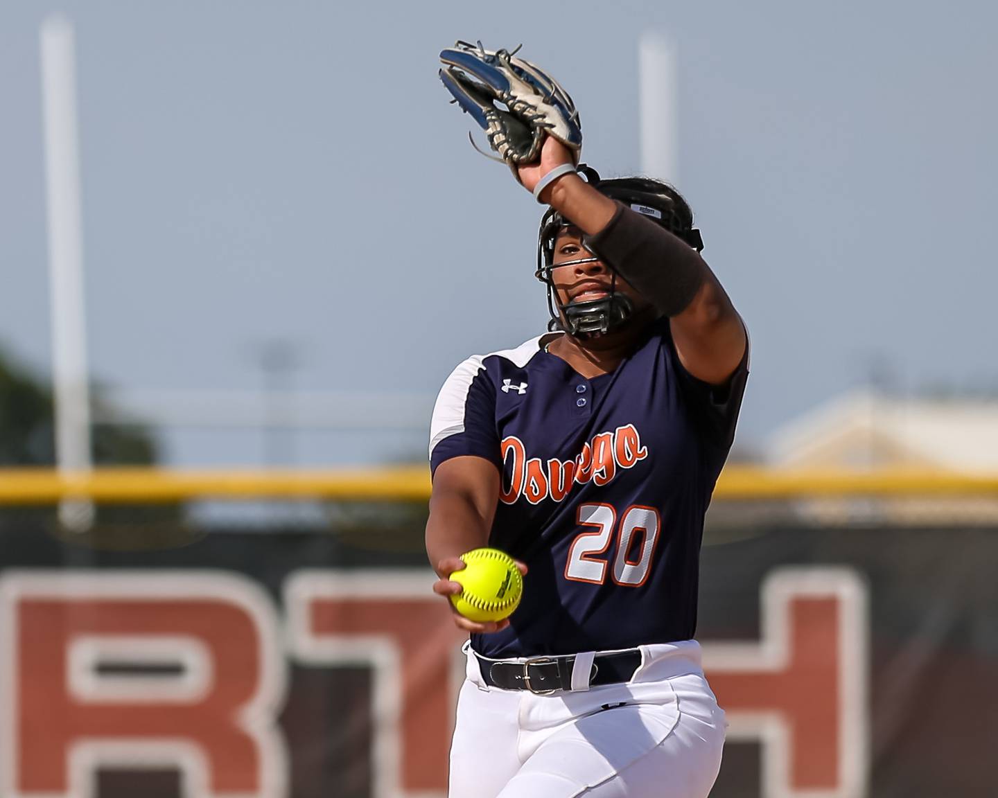 Oswego's Jaelynn Anthony (20) goes through her wind up during Class 4A Plainfield North Sectional final softball game between Wheaton North at Oswego. May 31th, 2024.