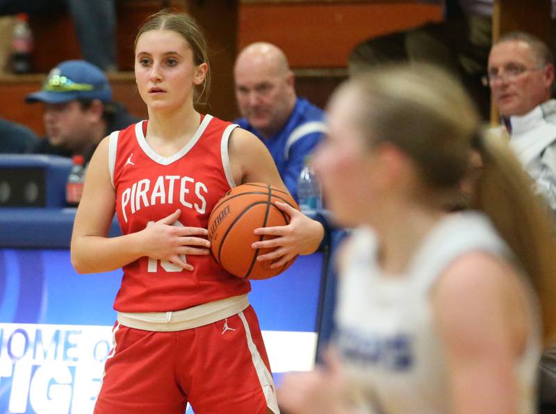 Ottawa's Ella Schmitz holds the ball against Ottawa on Monday, Feb. 5, 2024 in Prouty Gym.