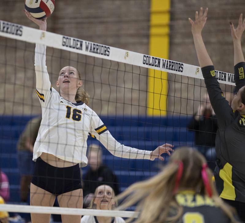 Sterling’s Kasey Weeks plays a shot against Galesburg Thursday, Oct. 16, 2025.