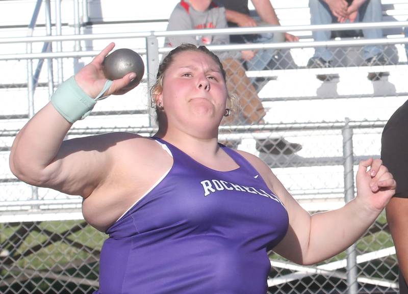 Rochelle's Erin Murphy competes in the shot put during the Interstate 8 conference track meet on Friday, May 3, 2024 at the L-P Athletic Complex in La Salle.