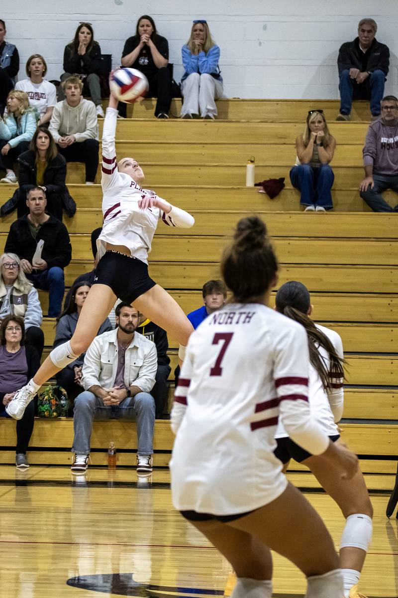 Plainfield North's Kayla Overbeek goes up for a kill during the 4A L-W Central Regional against Lockport at Lincoln-Way Central on Oct. 30, 2025.