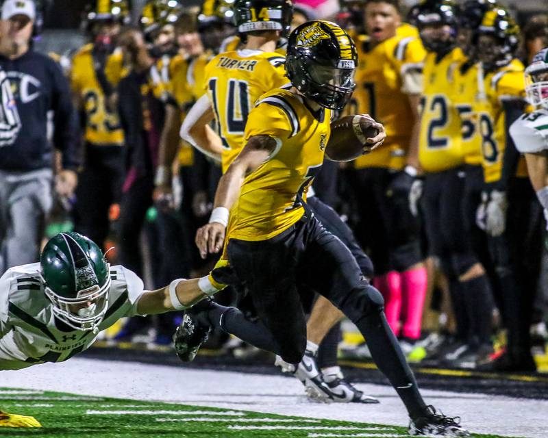 Joliet West's Antoine Brooks (1) runs down the sidelines during a football game between Plainfield Central at Joliet West on Friday, Oct 25th, 2024  in Joliet.