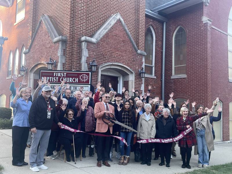 A ribbon is cut Oct. 16, 2024, to celebrate the 180th anniversary of First Baptist Church of DeKalb.