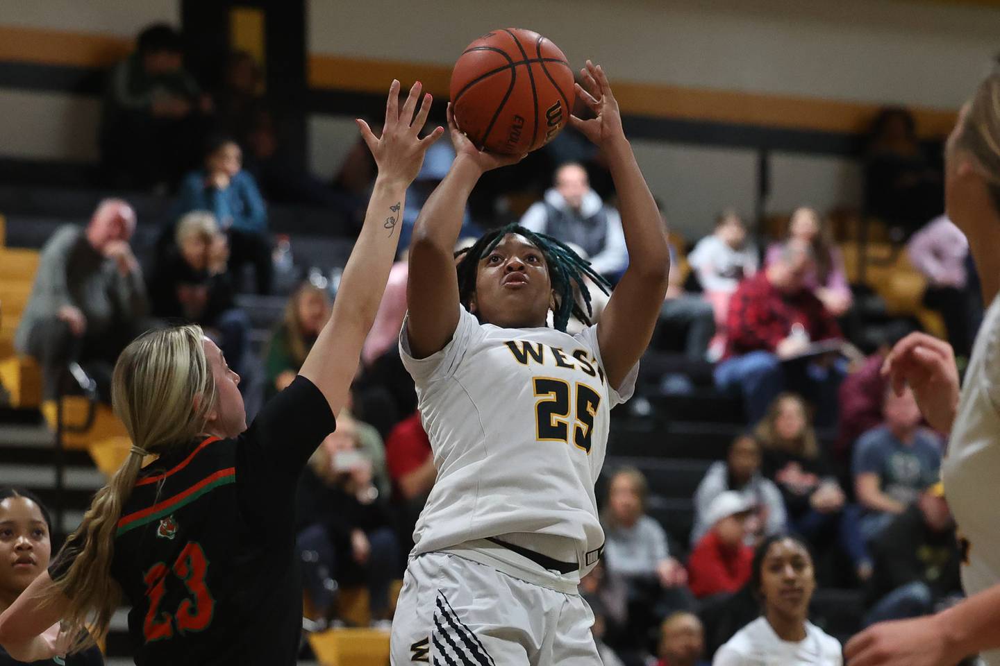 Joliet’s Maziah Shelton puts up a shot against Plainfield East on Tuesday, Feb. 6th 2024 in Joliet.