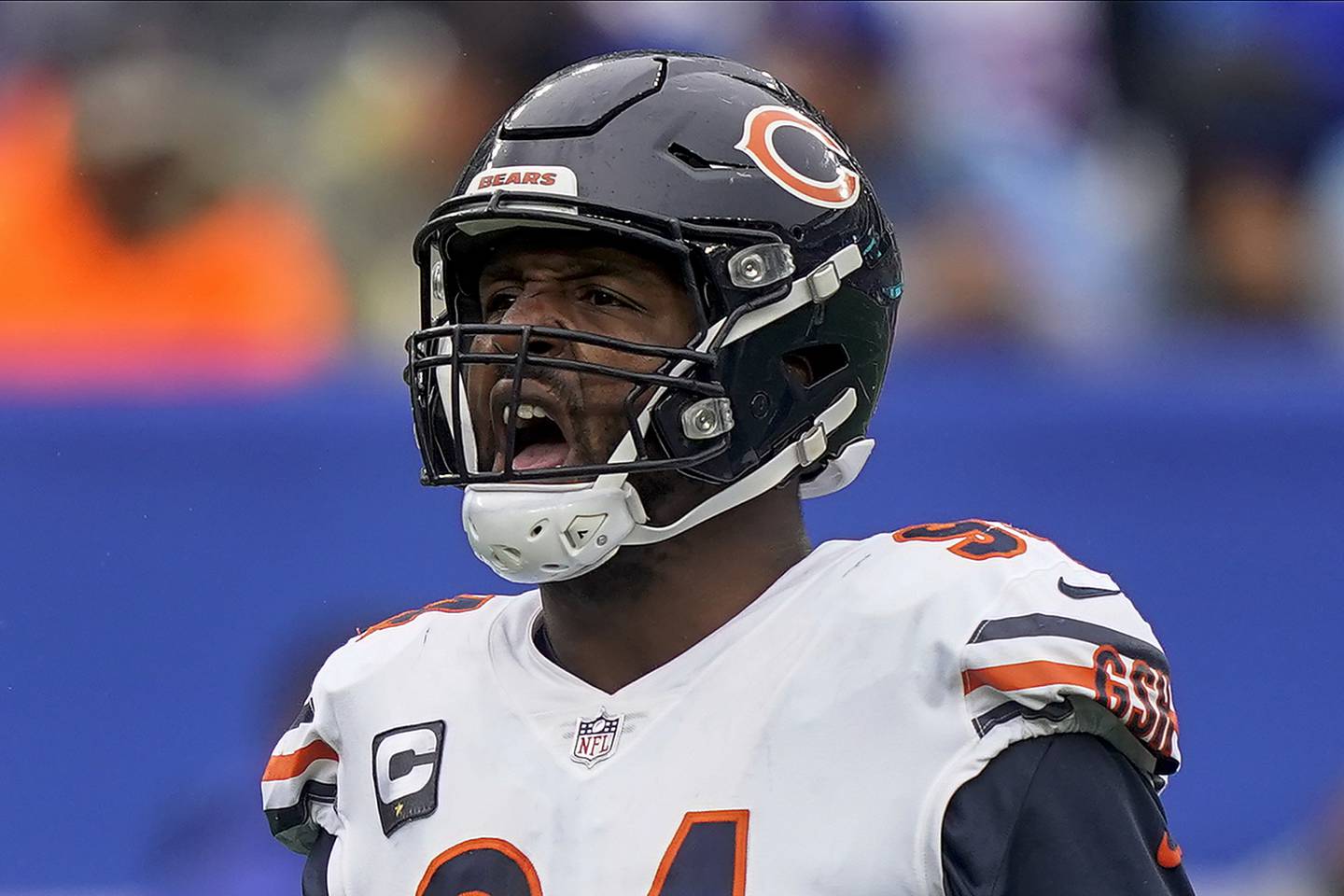 FILE - Chicago Bears linebacker Robert Quinn reacts during the fourth quarter of against the New York Giants, on Sunday, Oct. 2, 2022, in East Rutherford, N.J. The undefeated Philadelphia Eagles acquired three-time Pro Bowl defensive end Robert Quinn from the Bears on Wednesday, Oct. 26, 2022, a person familiar with the situation said. The person spoke on the condition of anonymity because the teams haven’t officially announced the move. Chicago gets a fourth-round pick in return. The NFL Network and ESPN first reported the trade.