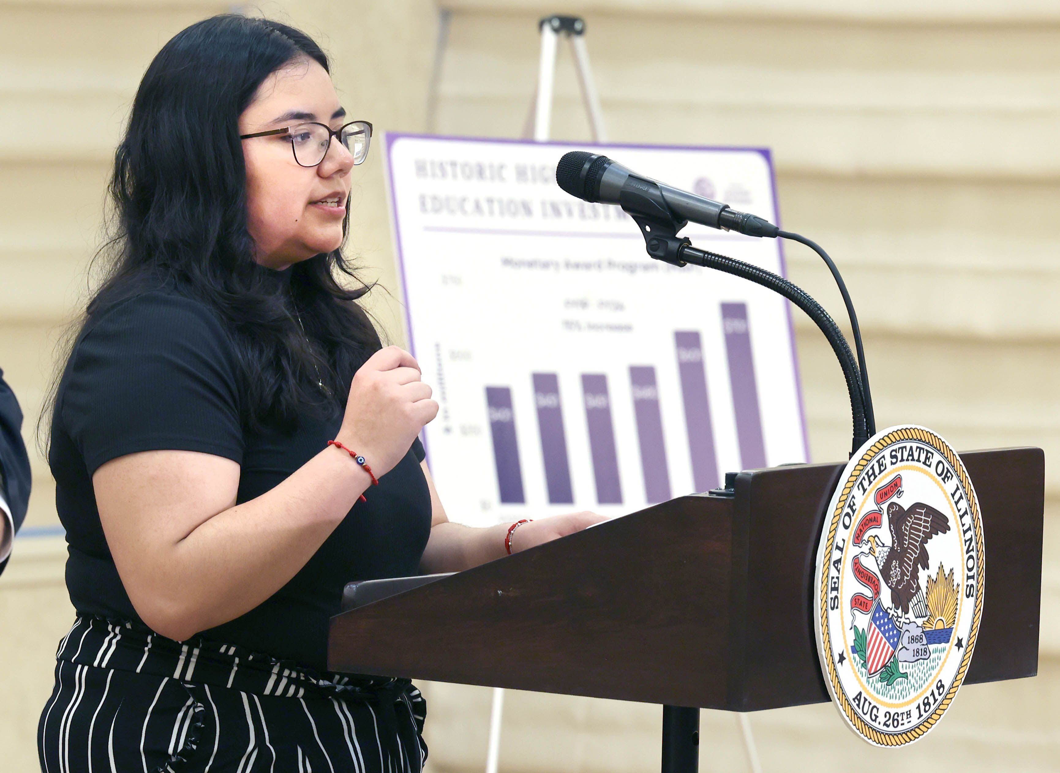 Northern Illinois University sophomore Brittany Hernandez, from Aurora, speaks during a news conference Tuesday, April, 4, 2023, in the Barsema Alumni and Visitors Center at Northern Illinois University in DeKalb. Gov. JB Pritzker along with a group of llinois lawmakers, DeKalb city officials and representatives from NIU were on hand to promote the importance of funding higher education in Illinois.