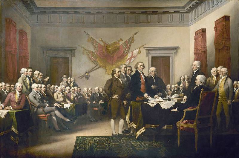 A depiction of the signing of the Declaration of Independence, July 4, 1776, at Independence Hall in Philadelphia.