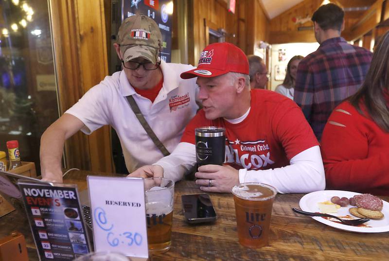 Illinois State Sen. Craig Wilcox, right, reviews election results with his campaign manager Chris Kasperski during a Republican election night watch party Tuesday, Nov. 8, 2022, at Niko's Red Mill Tavern, 1040 Lake Ave. in Woodstock. The event was hosted by Wilcox, McHenry County Board Chairman Mike Buehler, McHenry County Coroner Michael Rein, and McHenry County Clerk Joe Tirio.