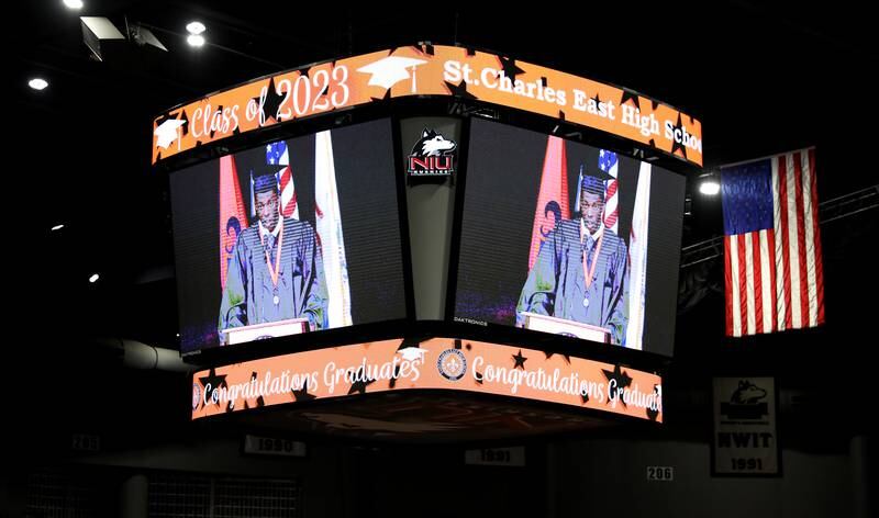 St. Charles East graduate Oraefo Onwuta addresses his classmates during the school’s 2023 commencement ceremony at Northern Illinois University in DeKalb on Monday, May 22, 2023.