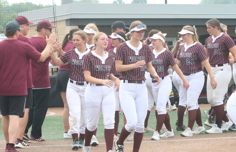 Members of the Prairie Ridge softball team walk off of the field after defeating Burbank St. Laurence during Class 3A State third place game on Saturday, June 14, 2025 at the Louisville Slugger Sports Complex in Peoria.