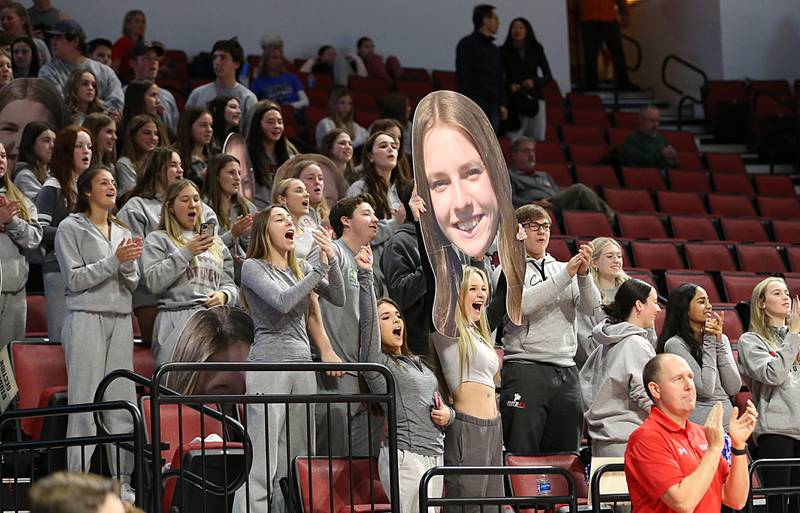 Benet Academy fans cheer on their volleyball team in the Class 4A semifinal game on Friday, Nov. 11, 2022 at Redbird Arena in Normal.